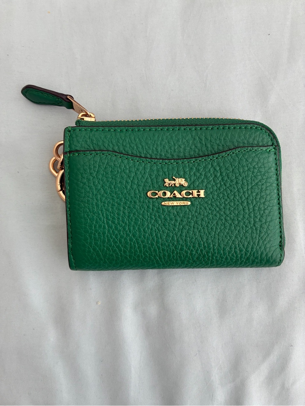 Coach Green Pebbled Leather Zip Card Wallet with Gold Logo